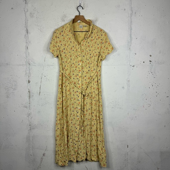Gap Vintage Y2K Floral Yellow Babydoll Button Front Fairy-core Dress Size Lg - Picture 1 of 10